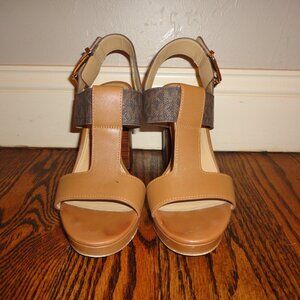 MICHAEL KORS Women's Brown Chunky Leather Logo Adjustable Strap Heels Size 8